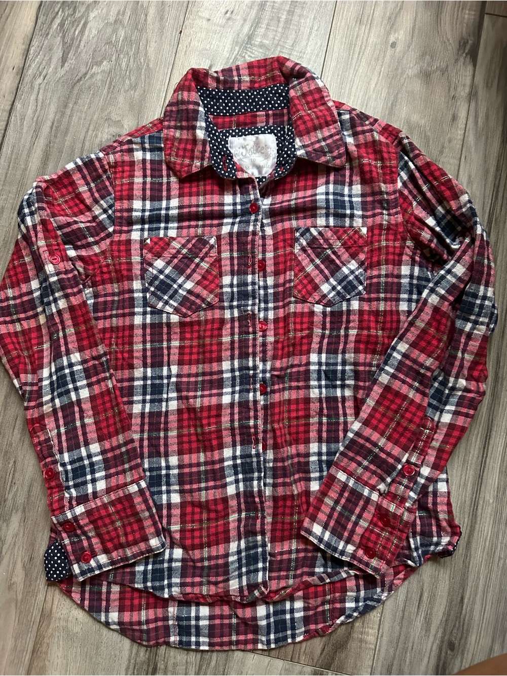 Justice Girls Red Plaid Flannel Shirt Lg Sleeve ButtonUp Metallic accent Size 10